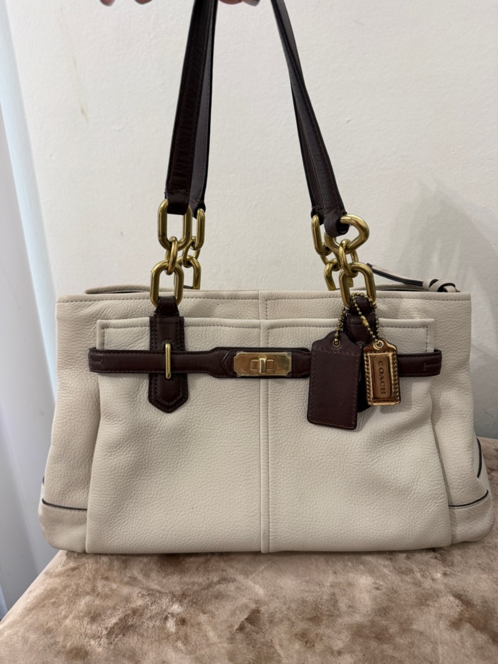 Coach Ivory and Brown Leather Shoulder Bag with Gold Hardware